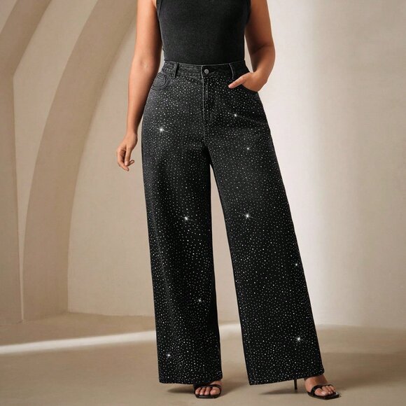 Black Casual Women's Rhinestud Wide Leg Plus Size Jeans - Picture 5 of 5